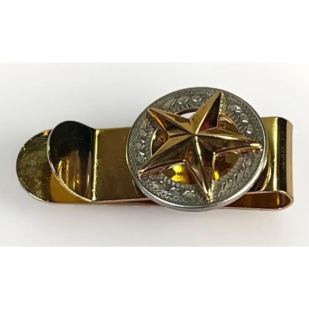 Texas Lone Star Gold Tone Money Clip Western Engraved Round Medallion